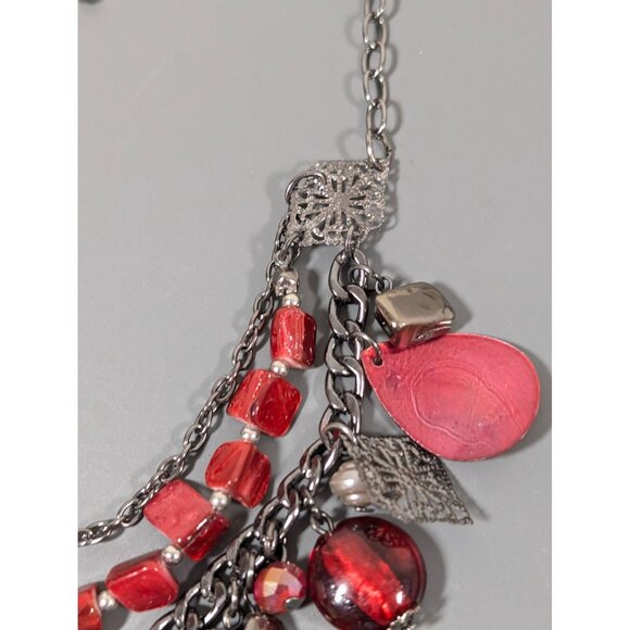 Red Shell Gray Metallic Layered Statement Necklace Boho Whimsigoth Y2K 19" - Picture 7 of 8